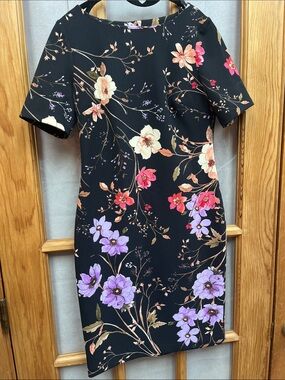 Calvin Klein Black Midi Dress with Pink, Lavender & Cream Floral Print, sz 6P